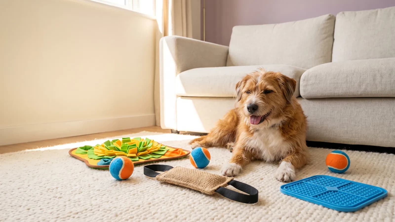 Illustration: a happy, tired dog resting on a rug beside a snuffle mat, tennis-style balls, a jute tug and a lick pad