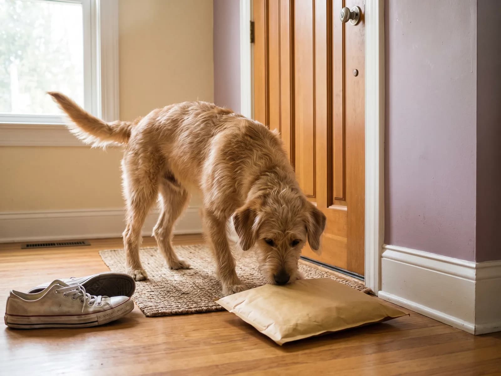 Illustration: a curious dog sniffing a plain padded mailer on the doormat
